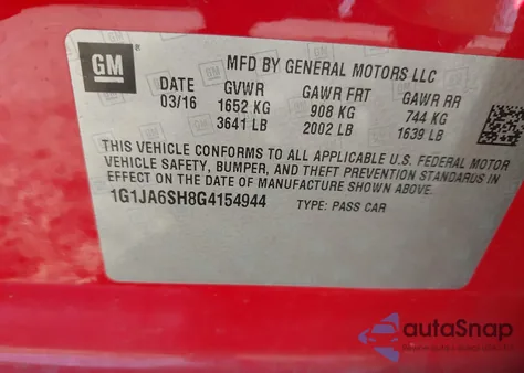 2016 Chevrolet Sonic Ls Auto из США, поврежденный, VIN 1G1JA6SH8G4154944